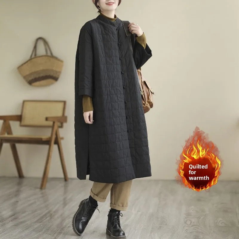 레트로 롱 코튼 재킷 여성용 큰 사이즈 코트 스탠드 칼라 슬릿 디자인 엘레 가을 겨울 아우터웨어 출퇴근 스타일