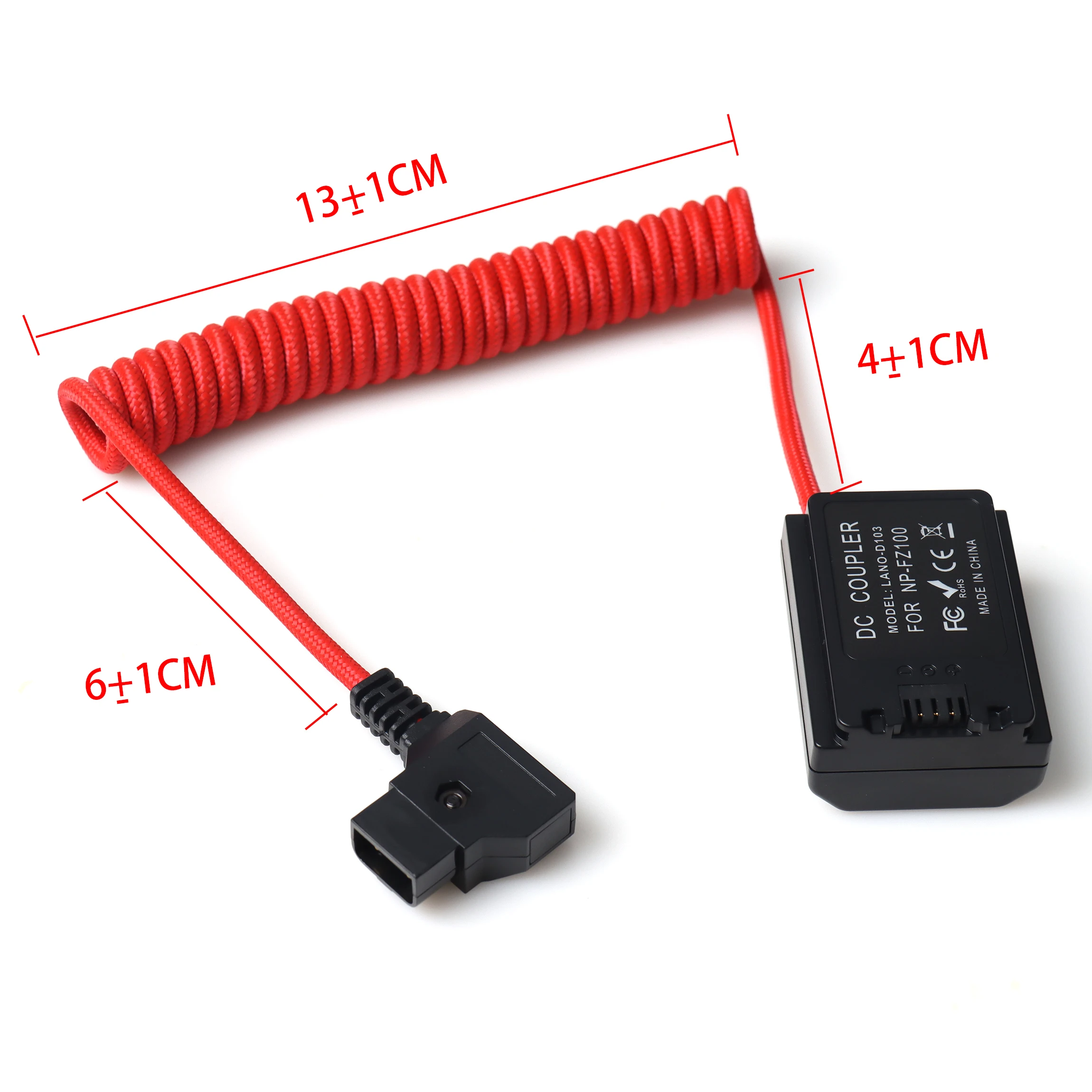 Red Coiled Power Cable  d-tap to FZ100 Dummy Battery Coiled Power Nylon Braided for Sony FX3 A7III A7RIII A7SIII A7C A7IV