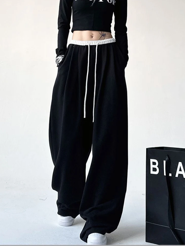 Zoki Streetwear Black Sweatpants Women Vintage High Waist Harajuku Y2K Trousers Casual Patchwork American Retro Loose Bf Pants