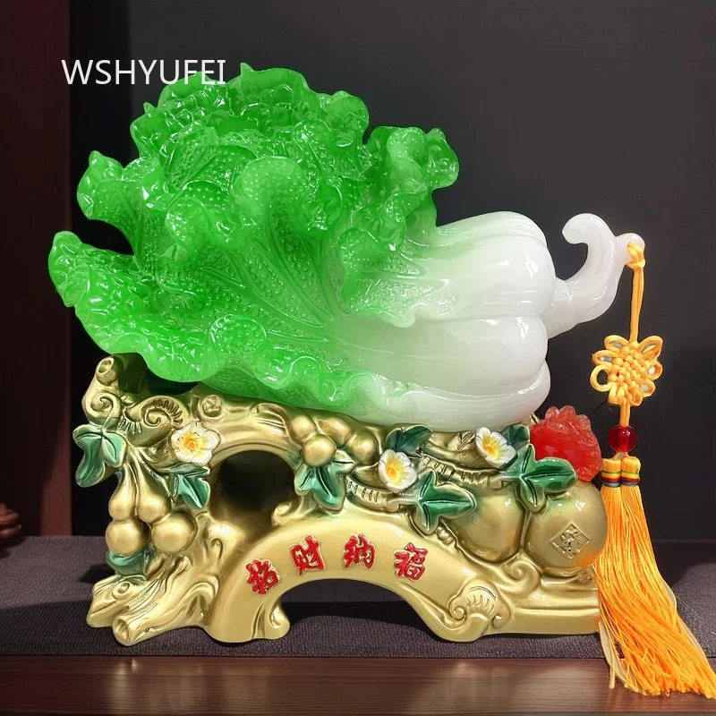 Chinese Feng Shui Resin Cabbage Statue with Golden Treasure Base Wealth Fortune Ornament Home Office Desk Decoration Collectible