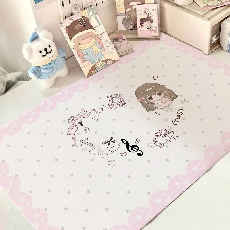 Cute Anime Girl Y2K Polka Dot Pu Leather Mouse Pad Waterproof Desk Mat Protective Game Keyboard For Dorm Vanity Table Mat Decor