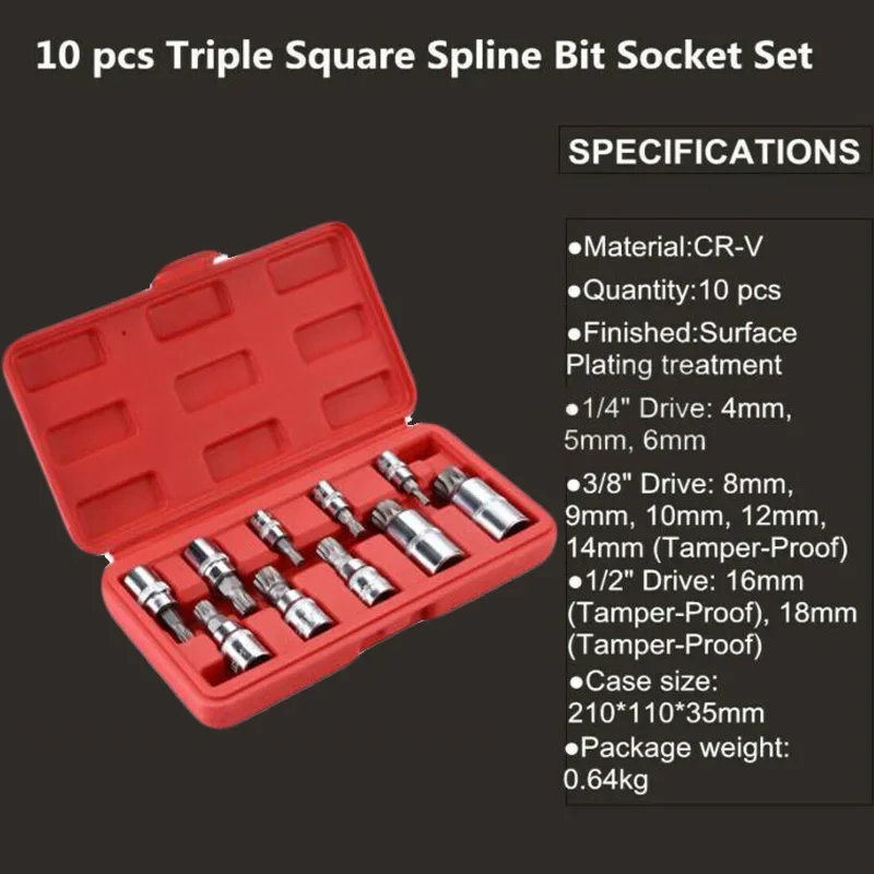 10pcs Set XZN 12 Point Spline Bit Socket  S2 Steel 4-18mm Auto Car Anti-Rust Ratchets Wrench Hand Tools High Hardness