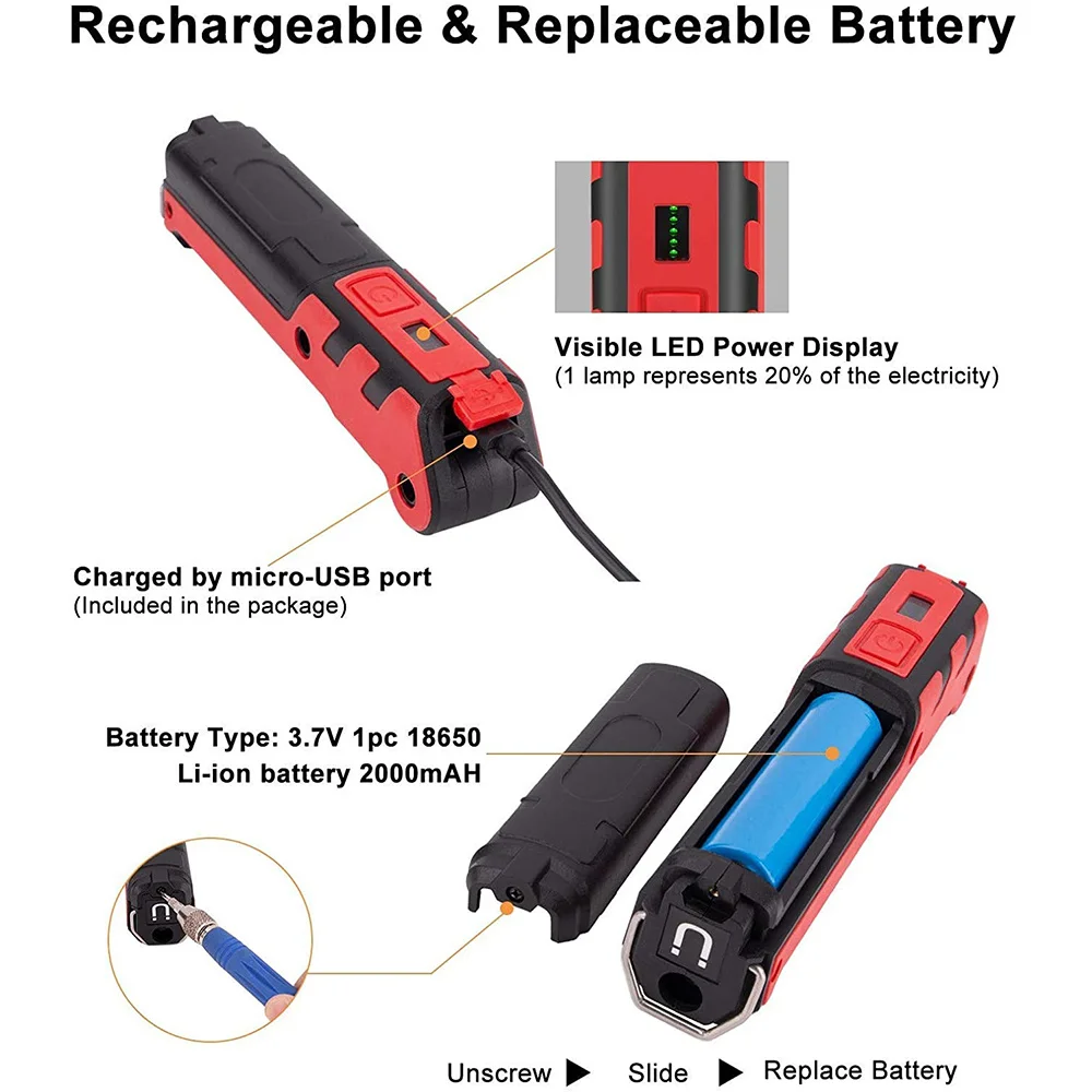 المحمولة LED ضوء العمل USB قابلة للشحن مصباح يدوي قابل للطي خطاف مغناطيسي مصباح يدوي 270 °   قاعدة تدوير لإصلاح التخييم في الهواء الطلق