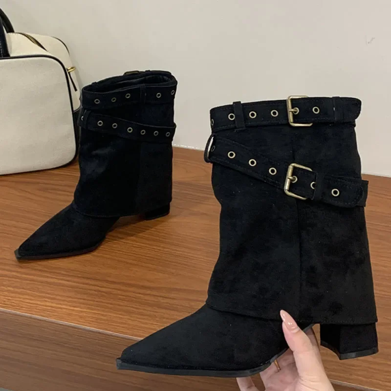 

Aneikeh/зимние винтажные дизайнерские женские ботильоны с пряжкой на ремне и острым носком, модные вечерние модельные туфли на высоком квадратном каблуке