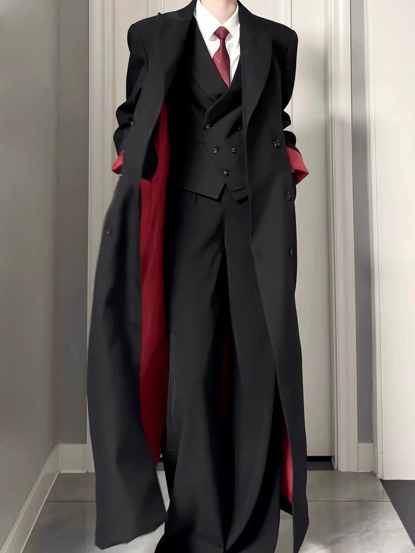 

Bla Baren Sle Men's Long Woolen Coat Contrast Color Suit Jaet Briti Sle Premium Feeling Casual Faion Outerwear