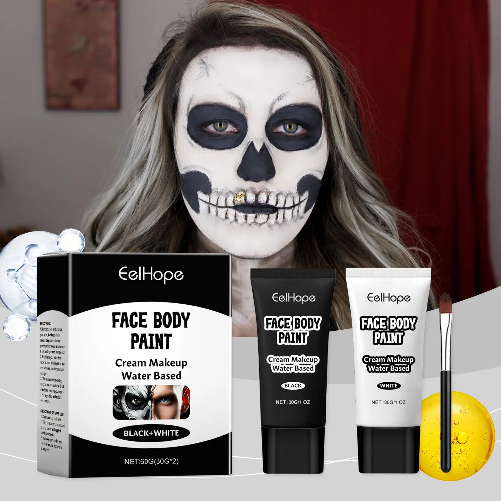 ฮาโลวีนสีดําสีขาวตา Face Body Paint เต็มรูปแบบน้ําหนักเบา Foundation Clown Joker แต่งหน้ากันน้ําครีมน้ํามันคอสเพลย์