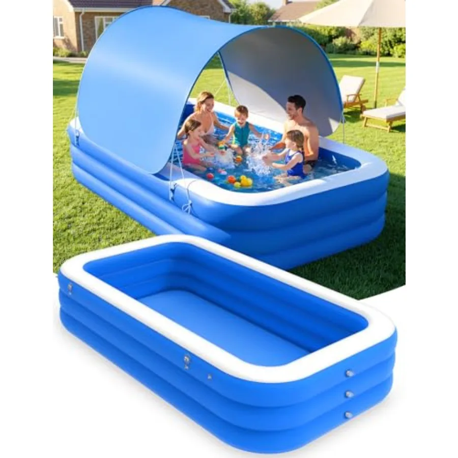 Piscina inflable para jardín con toldo para adultos y niños, piscina elevada plegable grande de PVC azul/blanco, 102 × 65 ×