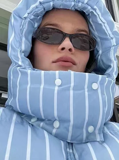 

Теплая хлопковая куртка с капюшоном в полоску в стиле ретро, универсальная верхняя одежда, модная прямая трубка для поездок на работу, длинная зимняя молния...