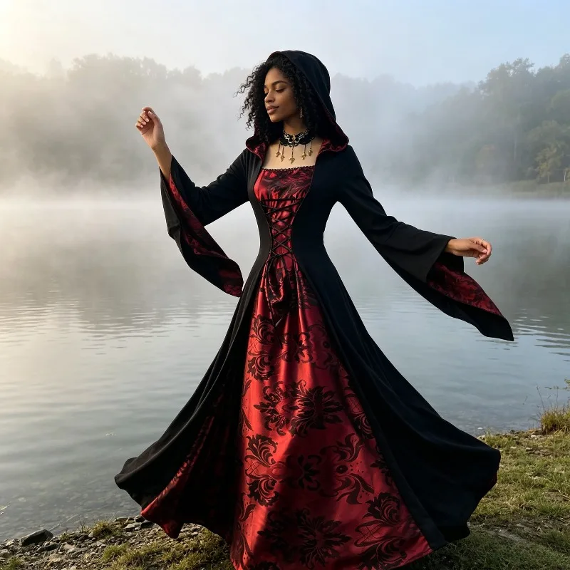 

Halloween Black and Red Gothic Style Hooded Cloak Robe Medieval Suction Role-playing Dress Retro Lace Up Big Swing Dress