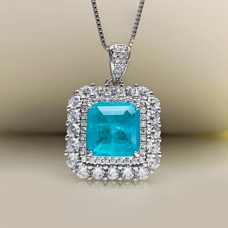 

Fashion 5 Carat Heavy Industry Luxury Set Synthetic Paraiba Pendant Necklace 925 Sterling Silver Imported Wedding Jewelry