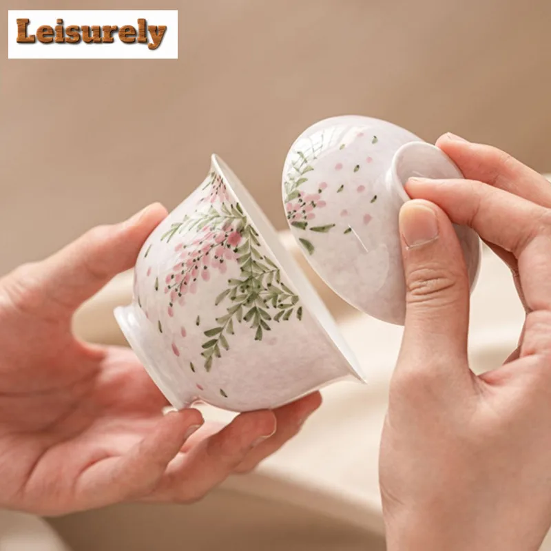 120ml Hand Drawn Wisteria Flower Gaiwan Retro Sopera Ceramic Bowl With Lid Tea Tureen Tea Maker Cover Bowl Tea Services Craft