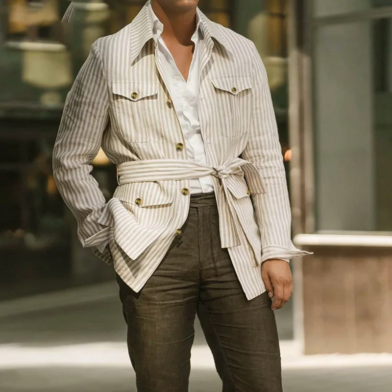 

Men's Faionable Striped Long Sve Casual Cardigan Suit Jaet Spring Autumn Cross-Border Ss Multiple kets Cleanfit ...