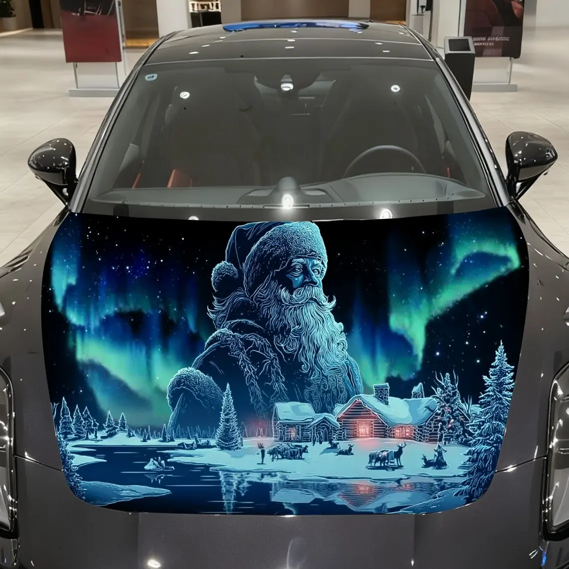 Integrated Scene Santa Claus Car Vinyl Wrap, PVC Material Waterproof Car Hood Sticker, Self-Adhesive Scratch-Resistant Stickers