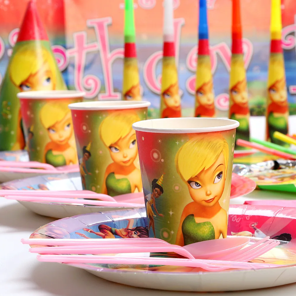 Disney Tinkerbell Bell Princess Disposable Plate Cup Straw Napkin Tablecloth Balloon Girl Baby Shower Birthday Party Decoration