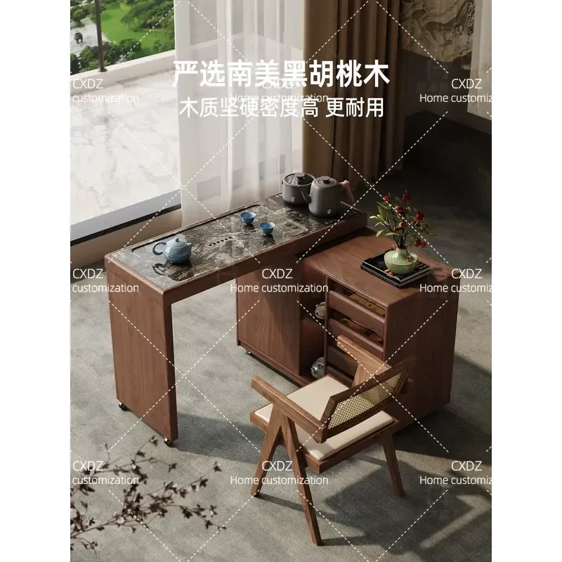 Modern Simple Solid Wood Tea Table with Stone Top Movable Small Tea Cart Kettle Integrated Design for Balcony Household Use