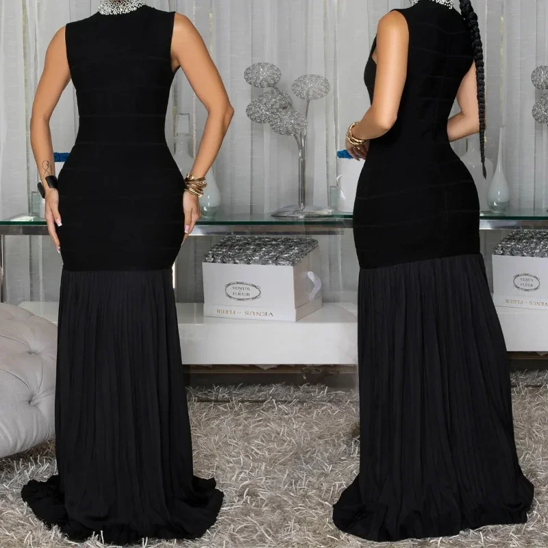 Elegant Temperament Black Evening Dresses Women Nightclub Party Sleeveless Fashion Pearls Stand Collar Sheath Bodycon Maxi Dress