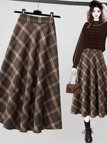 

High Waist Plaid Midi Skirt Women's Vintage plus Size A-Line Skirt Wide Hemline Slimming Long Skirt Trendy Spring Autumn