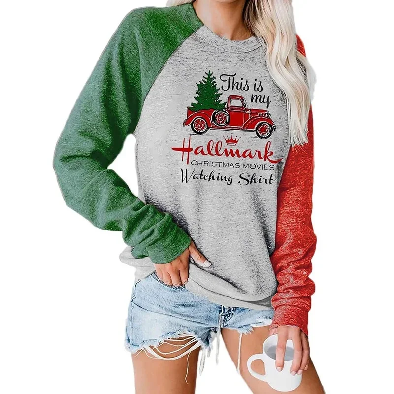 Women's Fall Winter Tops Car Tree Printed Casual Round Neck Christmas Sweatshirt Drop Shoulder Long Sleeve Pullover Clothing New