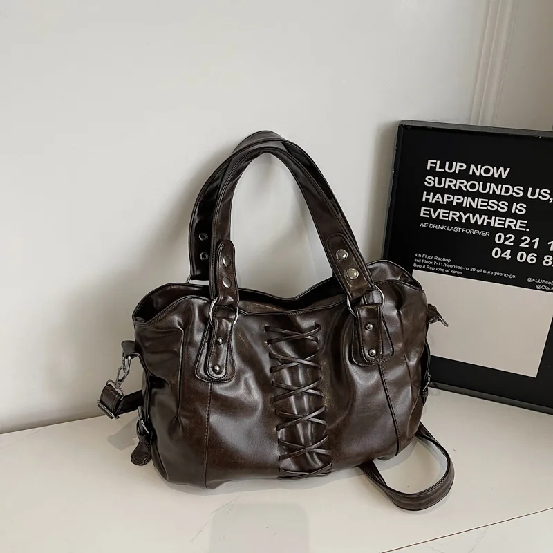 

Studded Vintage Handbag Luxury Glossy Pu Women's Handbag Stylish Lace-up Motorcycle Bag New Punk-style Large Capacity Tote Bag