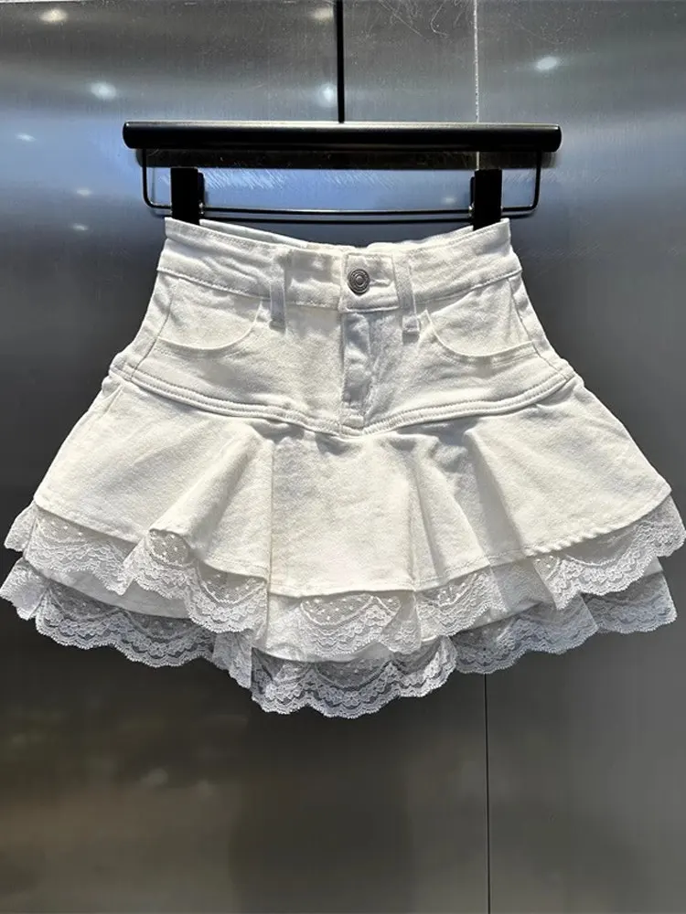 

Sexy Pure Desire Lace Trim Denim f Skirt Spring Summer New Sle Prevent Exposure Fluffy Cake Skirt High Waist A-Line Skirt