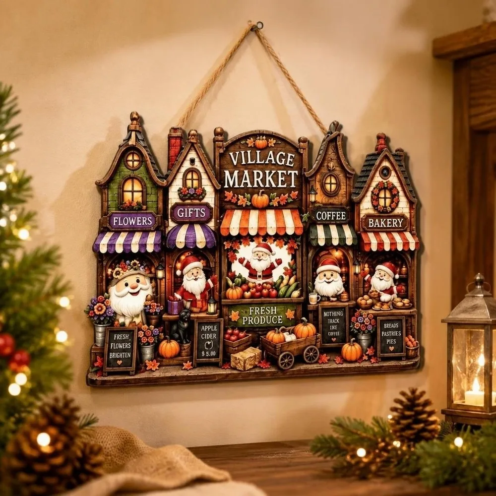 2D Flat Print Christmas Wooden Decoration Sign Snowman Santa Claus Christmas Hanging Sign Rustic Style Cottage Shape