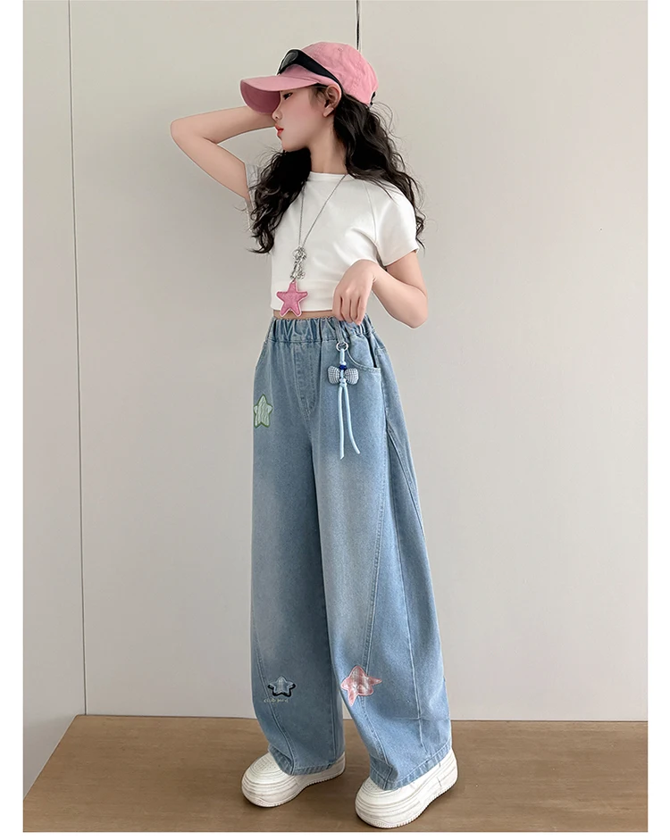 Neue Trendige Kinder-Jeans mit Anhänger für Teenager-Mädchen, Modische Street-Denim-Hosen, Kinder-Trendjeans 5-14 Jahre – Detail 10