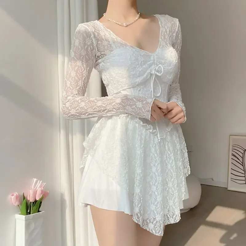 

V-Neck Drawstring Sexy Conservative Women's Clothing Slimming Fashion Swimwears Summer Conjoined Body Long Sleeve Spliced Lace