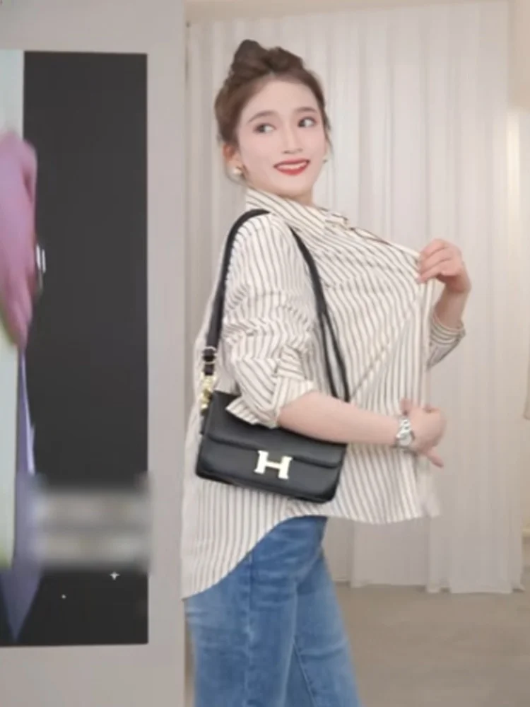 スリムフィット ロング丈 ストライプ柄 通勤用 シフォン トップス レディース ファッション 日焼け防止服 春 2024