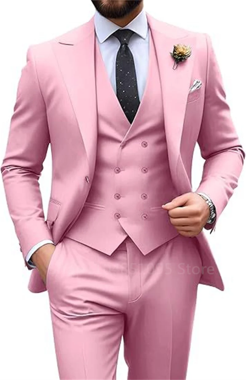 

Elegant Pink Men's Slim Fit 3 Piece Suits (Jacket+Vest+Pant) Wedding Groom Tuxedos Prom Formal Male Party Blazers Business Suits