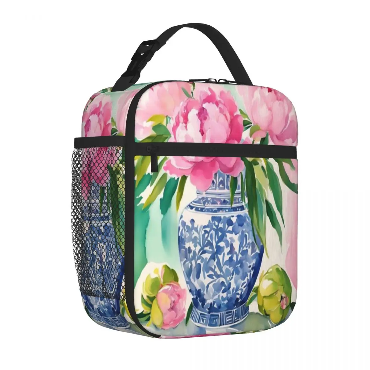 Hot Sale Pink Peonies In Ginger Jar Plant Print Compact Lunch Bag Field Work Meal Insulated Tote