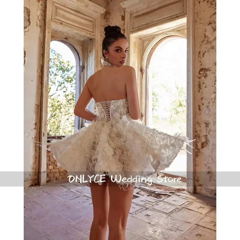 Maßgeschneidertes 2026 neues luxuriöses Mini-Kurzschluss-A-Linien-Aufkleber mit weißen Pailletten, kniehohes Damen-Hochzeitskleid, sexy rückenfreies Ball-Brautkleid