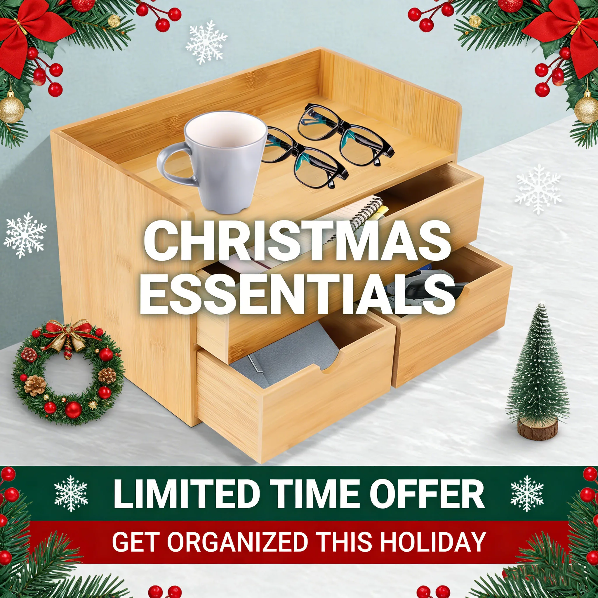 Bamboo Desk Organizer W/ 3 Drawers Tabletop Cosmetic Storage Simple Design For Stamps, Notes, Paper Clips, Scissors, Bills, etc