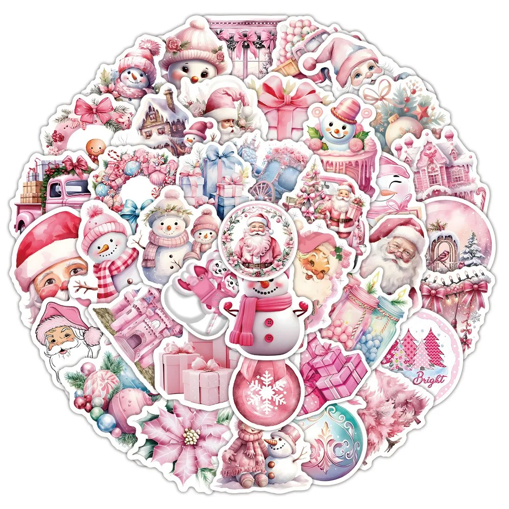 10/50Pcs Pink Christmas Graffiti Stickers Santa Claus Reindeer Gifts Christmas Themed Cartoon Holiday Waterproof Decoration Gift