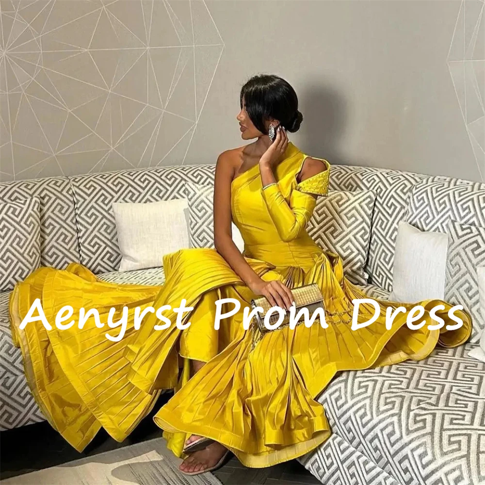 Aenyrst-vestido de noche amarillo de un hombro, traje de sirena de Arabia Saudita, satén drapeado, para baile de graduación, hasta el tobillo, Formal, para ocasiones