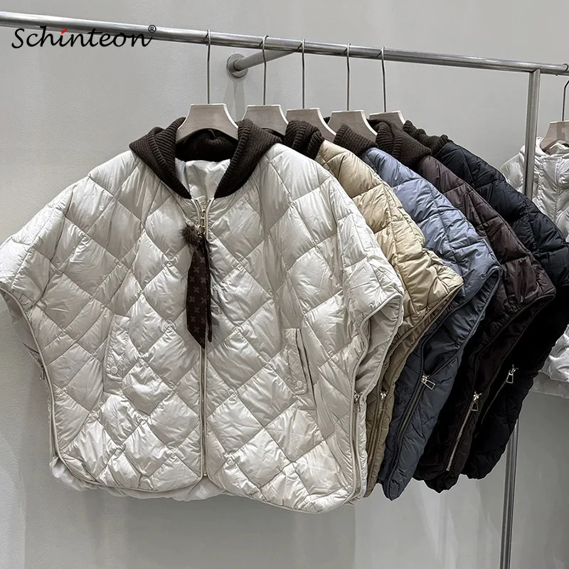 Schinteon Women's 90% White Duck Down Irregular Vest with Knitted Hood Sleeveless Jacket Fashionable Autumn Winter Cape 2026 New