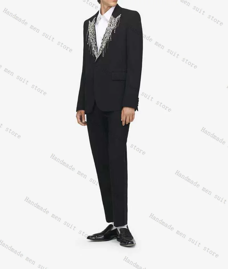 

Formal Black Men Suit Set 2 Pcs Blazer+Pants Crystals Lapel Prom Wedding Tuxedos Coat Cotton Customized Office Business Jacket