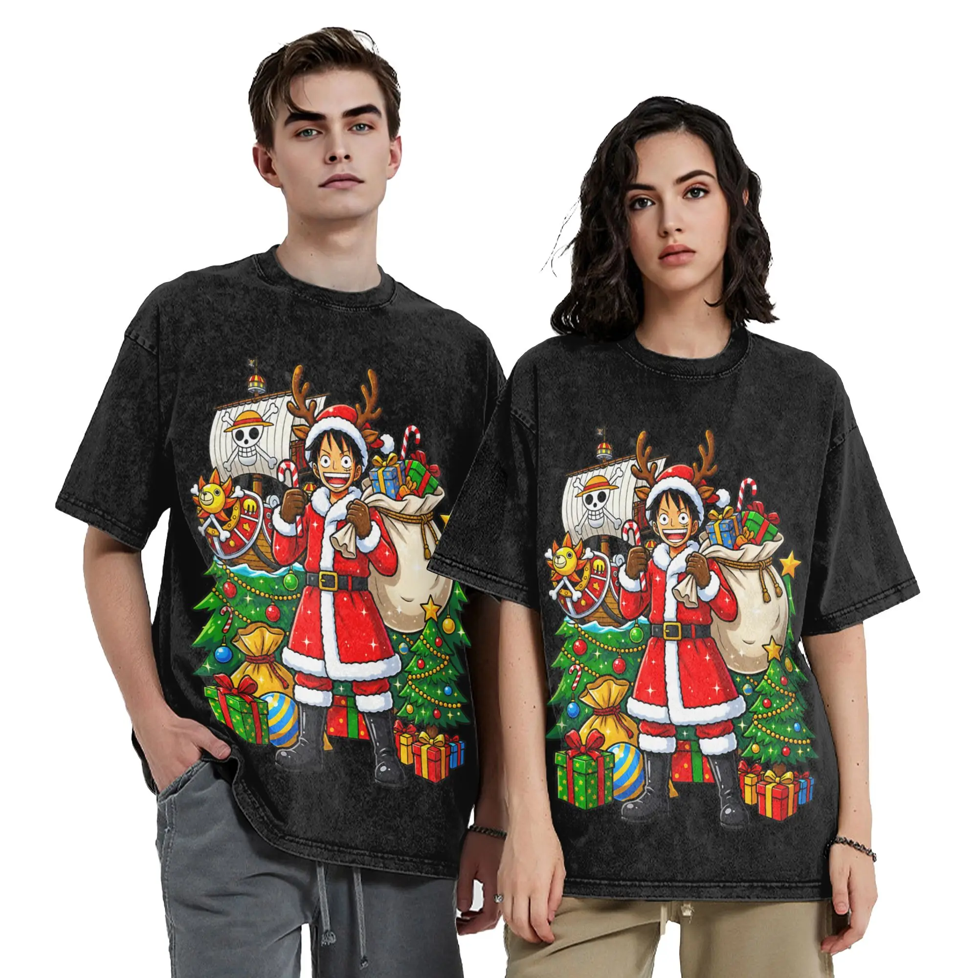Anime Ones Pieces Luffy Christmas Washed T Shirt Streetwear Vintage T-Shirts Tees for Men Women Short Sleeve Harajuku Printed