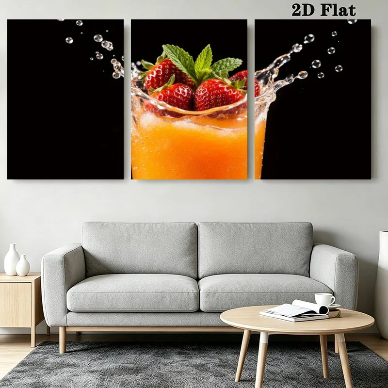 2D Flat, 2D Flat, 3pcs Modern Strawberry Orange Juice Splash Wall Art Prints, Mint Leaves Accents, Frameless Art Prints for K