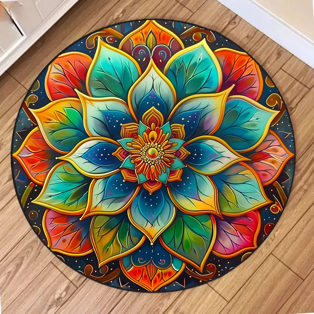 Round Mandala Flower Pattern Area Rug Boho Style Mat Non Slip Stain Resistant Durable for Living Room Bedroom Home Decor