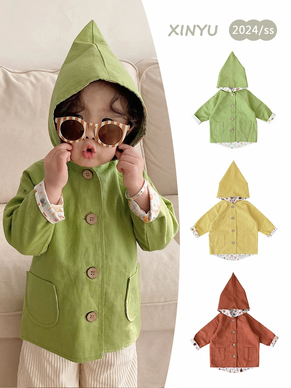 

Jenny&Dave Children's autumn elf hat windbreaker linen 2024 new item for baby boys and girls ins cute hooded jacket for children