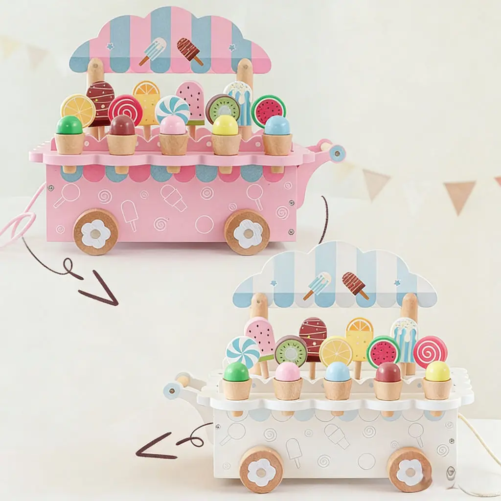 Carrinho de sorvete realista, brinquedo de simulação, conjunto de loja de dramatização infantil com picolés e cones, carrinho interativo educacional para crianças pequenas