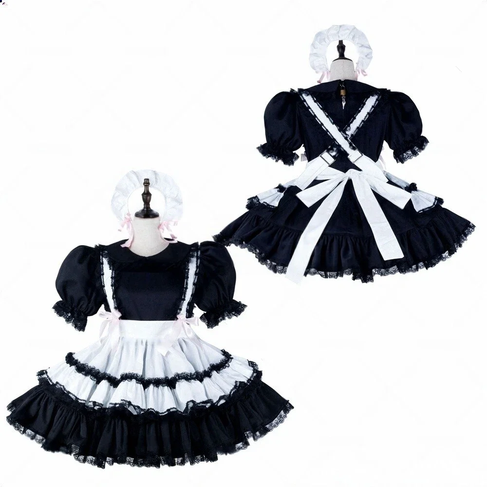 

French maid black and white satin short sleeved multi-layer ruffle edge dress maid cosplay costume can be customized