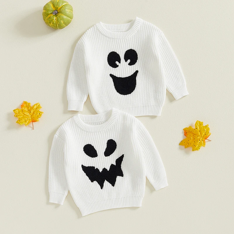 EWODOS Baby Boy Girl Halloween White Sweater Ghost Face Pattern Wool Long Sleeve Crew Neck Chunky Knitwear Baby Autumn Clothes