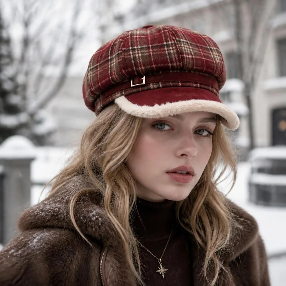Fashion Faux Fur Lined Newsboy Cap Plaid Pattern Adjustable Octagonal Hat Warm Lining Peaked Cap Women