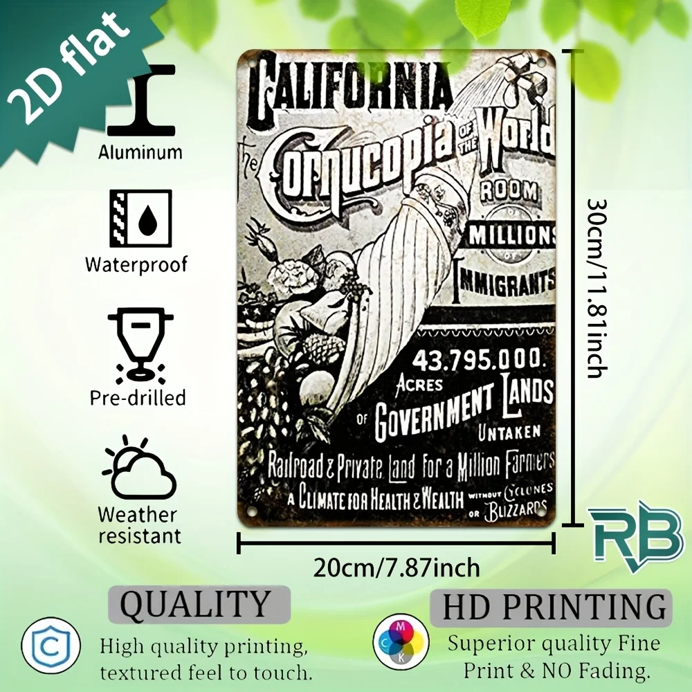 New Trendy HD Metal Wall Art - Vintage Rustic 2D Flat Design Featuring a Classic California Historical Advertisement with an Ill