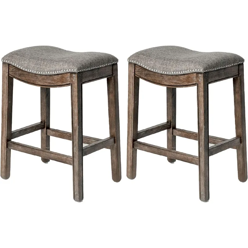 26 Inch Counter Height Upholstered Backless Saddle Barstool in Dark Walnut Finish with Ash Grey Fabric Cushion Seat，Set of 2