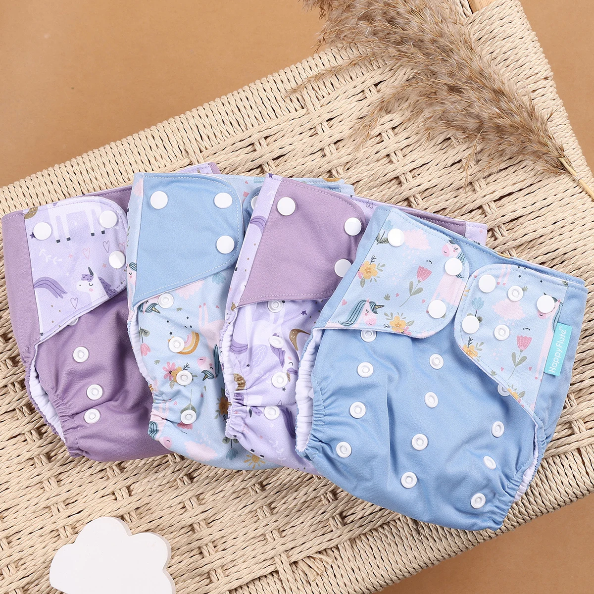 HappyFlute Cute Print Hot Sale 4PCSet OS Pocket Diaper Washable&Reusable Absorbent Ecological Diaper Cover Adjustable Baby Nappy