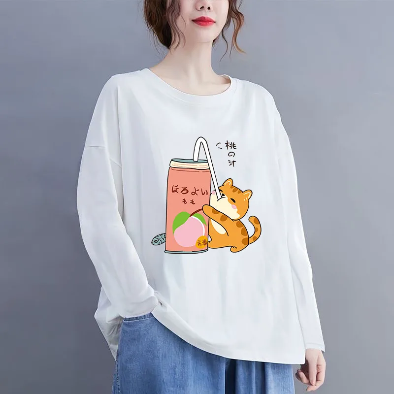 

Cat Drink Juice Print Женская осенне-зимняя белая футболка Повседневный топ с длинными рукавами Женская одежда с животными Oversize Футболка больших размеров