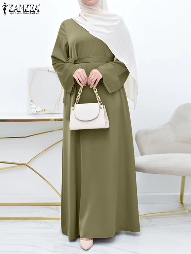 

Abays For Women ZANZEA Autumn Solid Sundress Oversized Fashion Muslim Dress Turkish Abaya Belted Maxi Vestidos Islamic Clothing