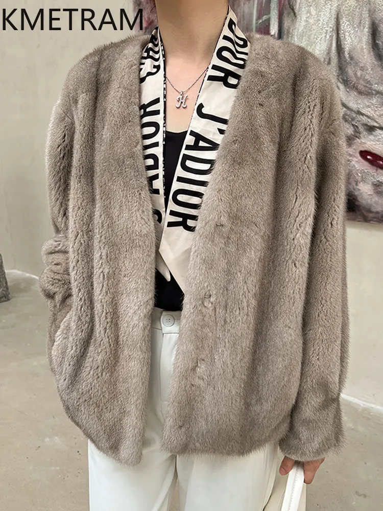 KMETRAM 100% 天然ミンク毛皮ジャケット女性用 V ネックショートリアルミンク毛皮コート冬アウターウェア女性服 2026 шуба